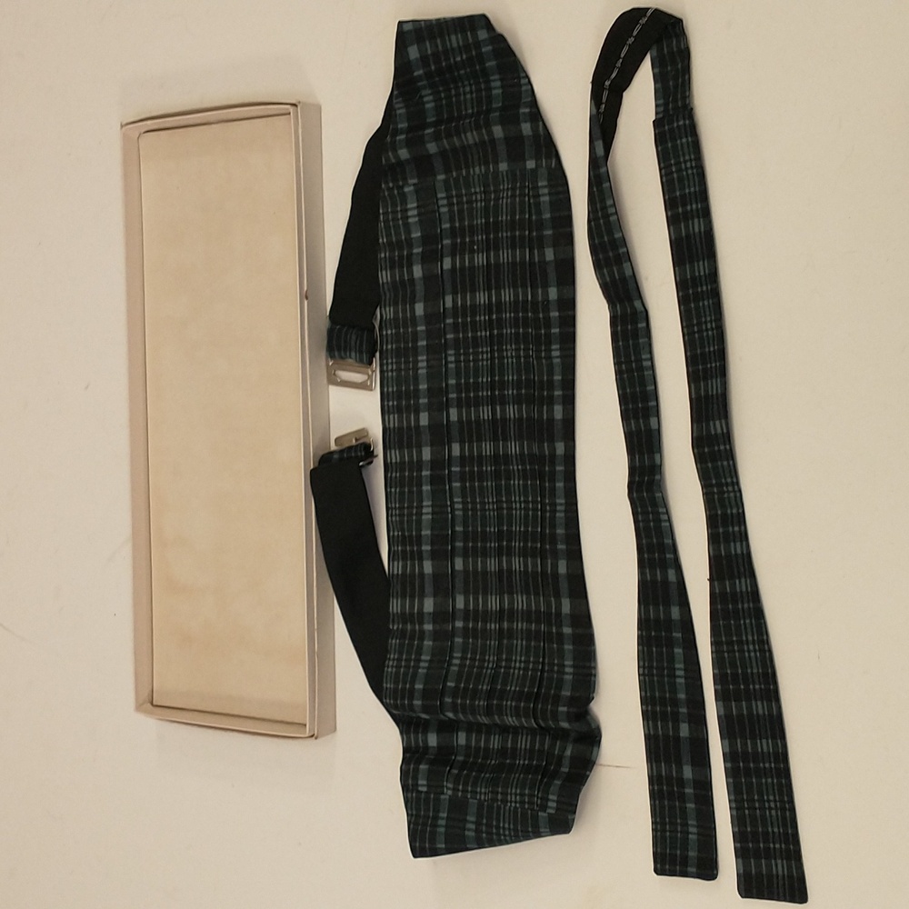 Vintage Blue Plaid Cumberbund Set w Bow Tie Flex Waist Size Madras Cotton